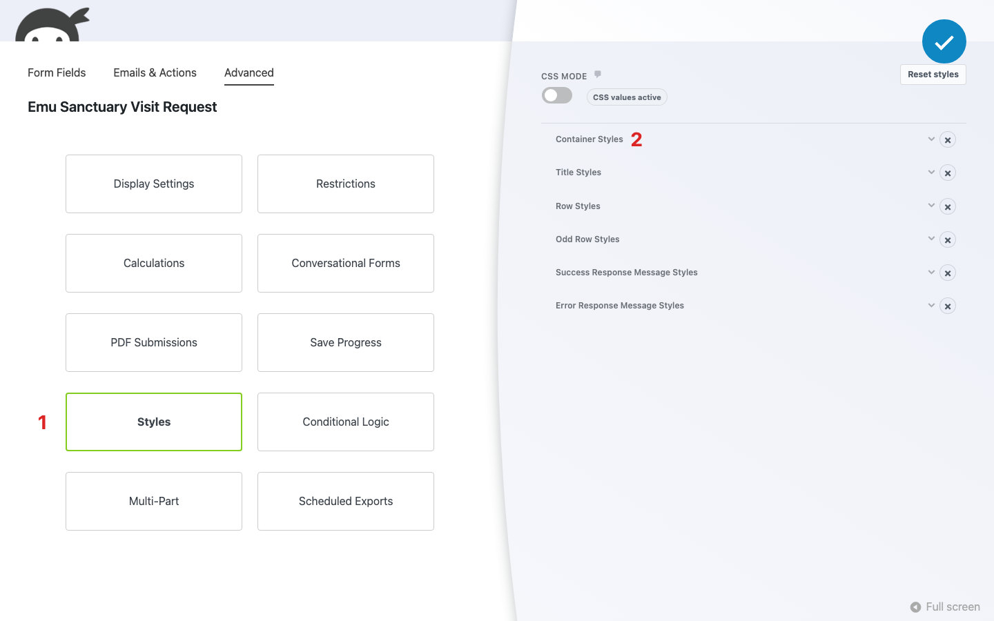 Ninja Forms builder with the Advanced tab active and the Styles drawer open, showing Container Styles, Title Styles, Row Styles, Odd Row Styles, and the response message style groups.