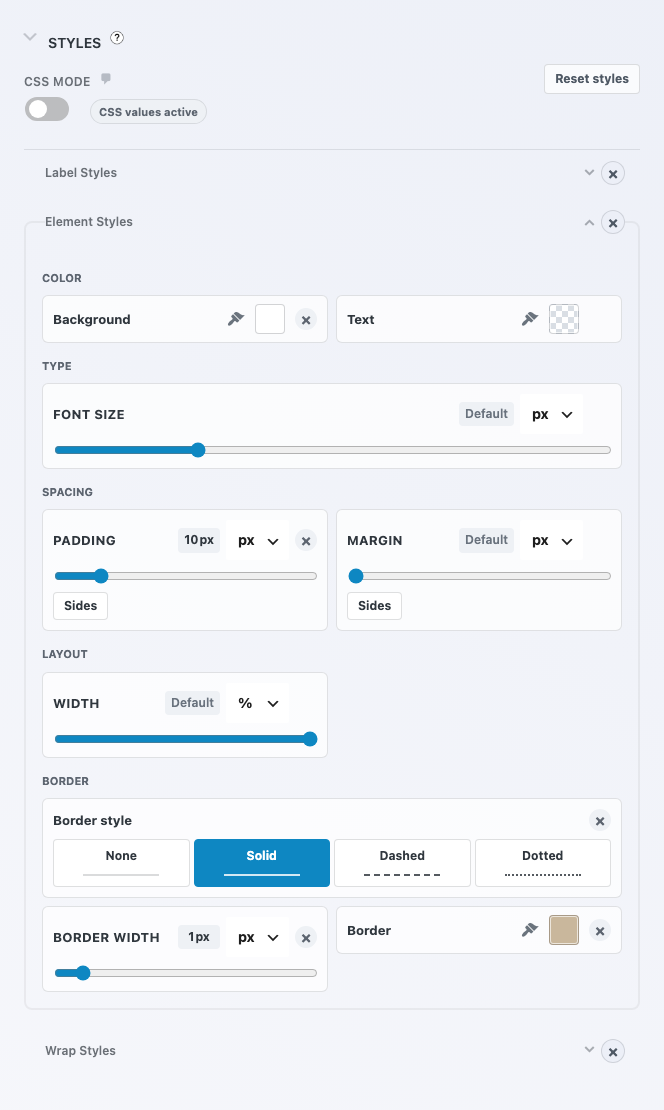 The Email field's Styles settings in the Ninja Forms builder, with Label Styles, Element Styles, and Wrap Styles groups showing a white background, a 1px solid border, and 10px of padding on the input.