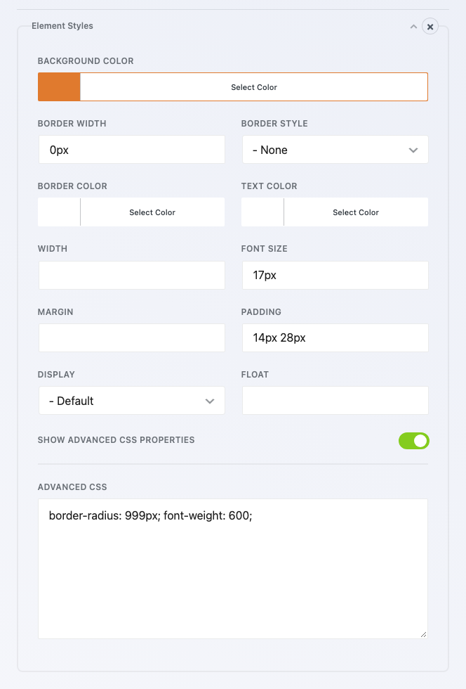 The Submit field's Styles settings in CSS mode, with the Element Styles box holding border-radius: 999px and font-weight: 600.