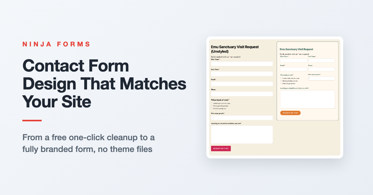 Contact form design example: a styled WordPress form with a cream container, green labels, and an orange button