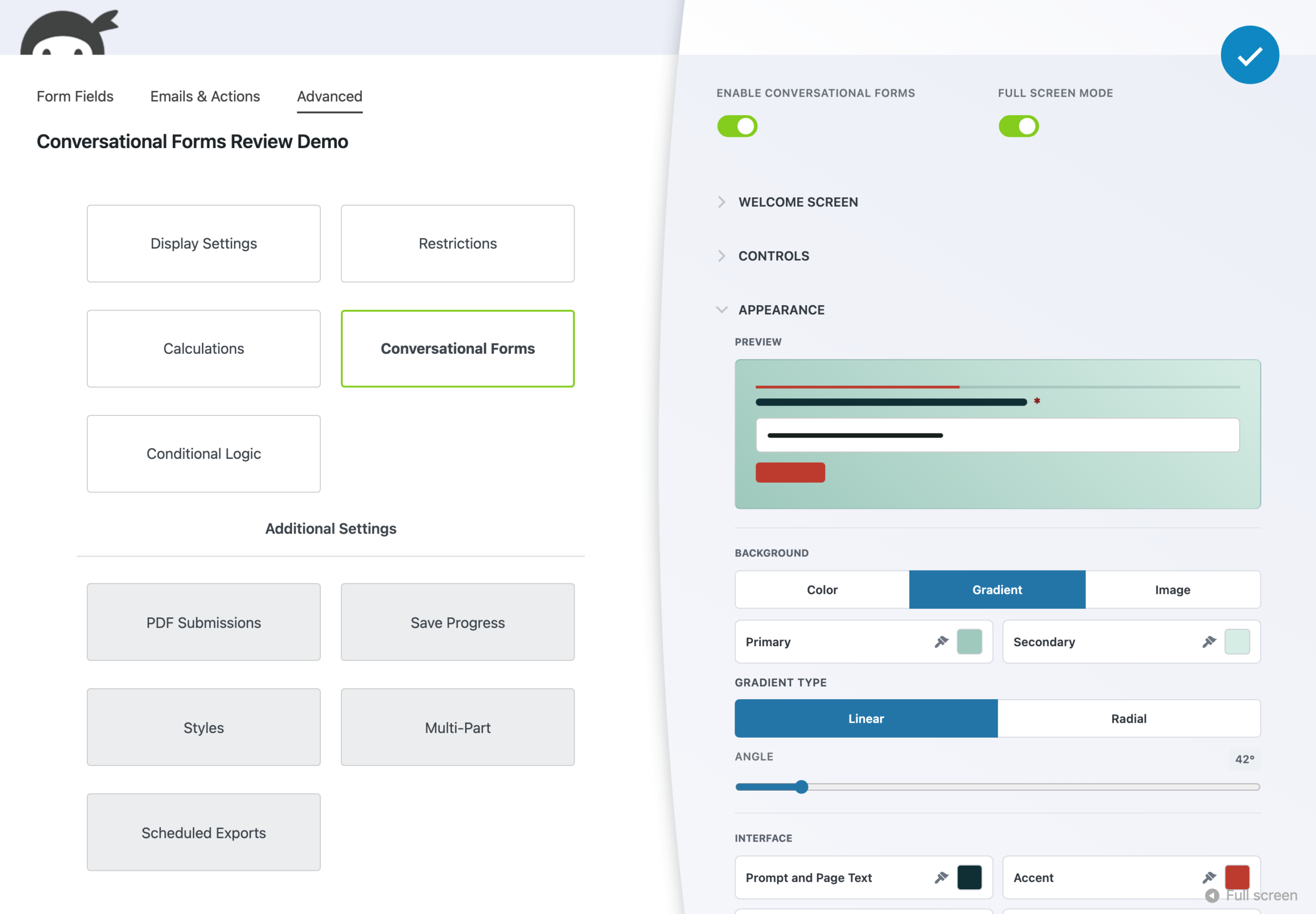The Conversational Forms appearance editor with a live preview panel and color swatches for background, text, and accent colors