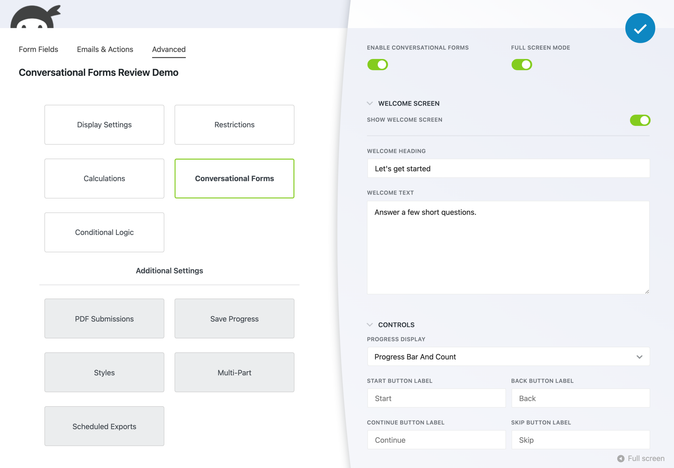 The Advanced tab Conversational Forms settings drawer in the Ninja Forms builder, showing the Enable toggle and the Welcome Screen and Controls sections