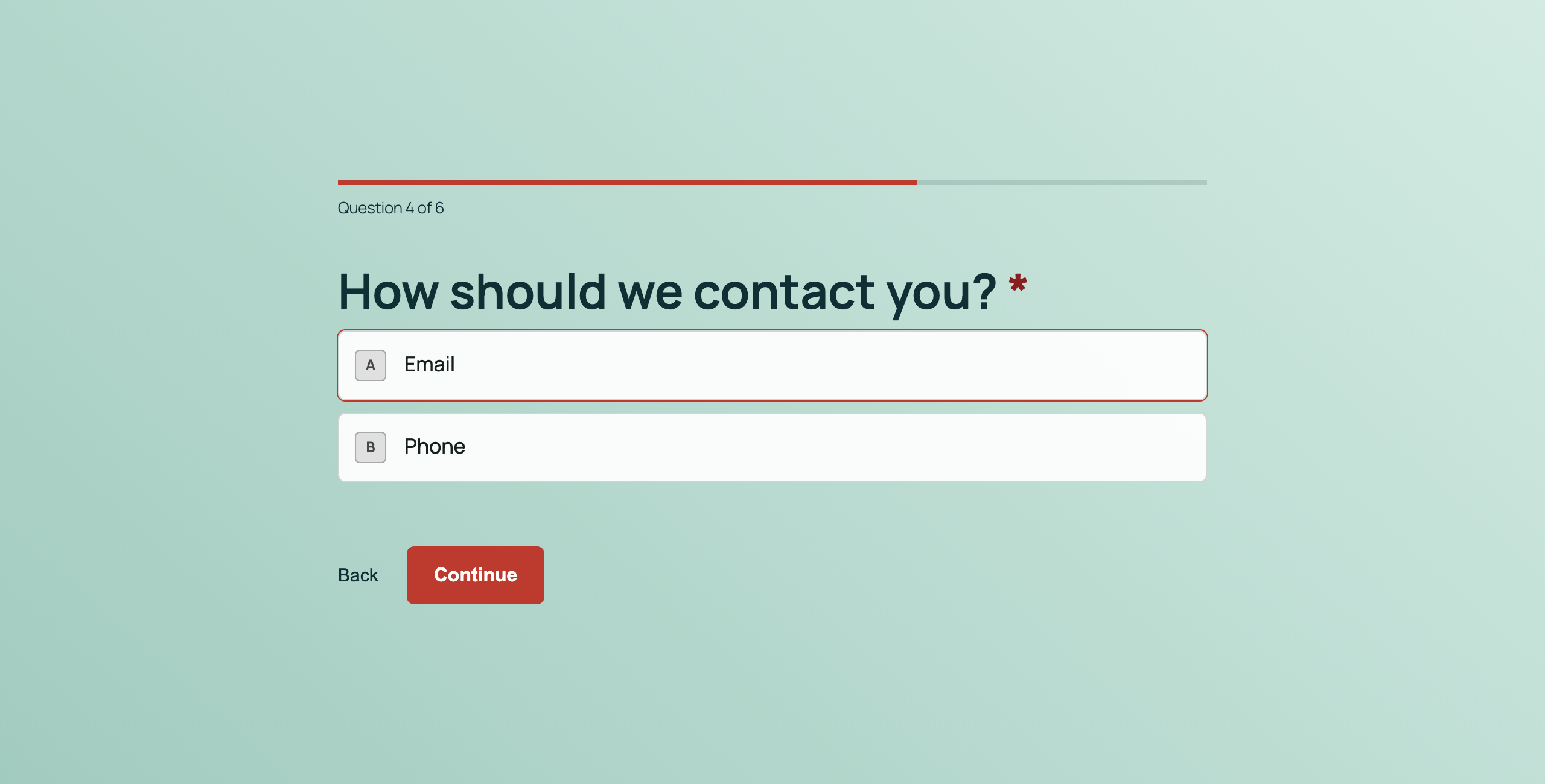 A Conversational Forms choice question with keyboard shortcut chips shown next to each answer option