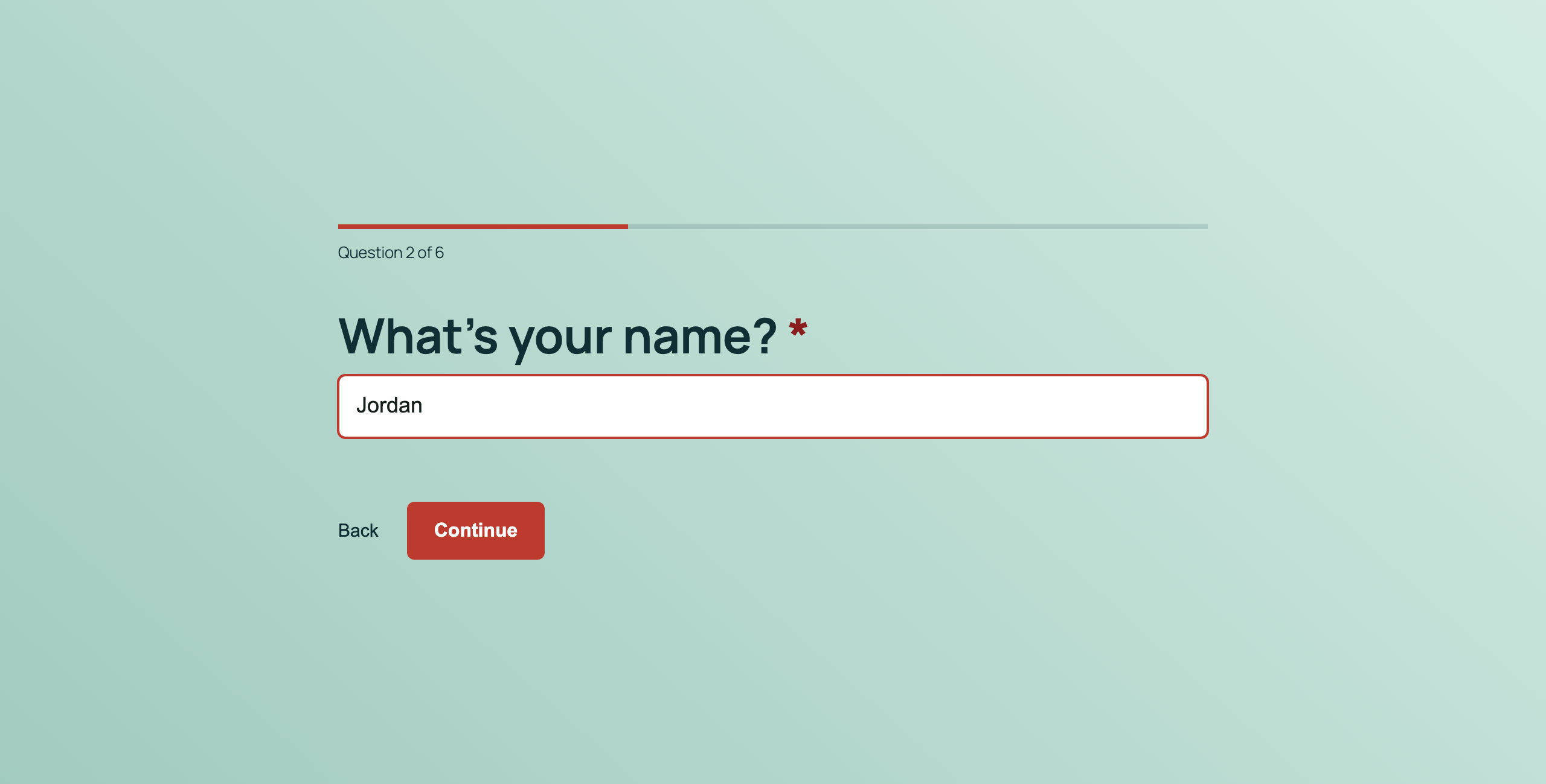 A single Conversational Forms question step showing one field, the progress bar, and the Back and Continue controls