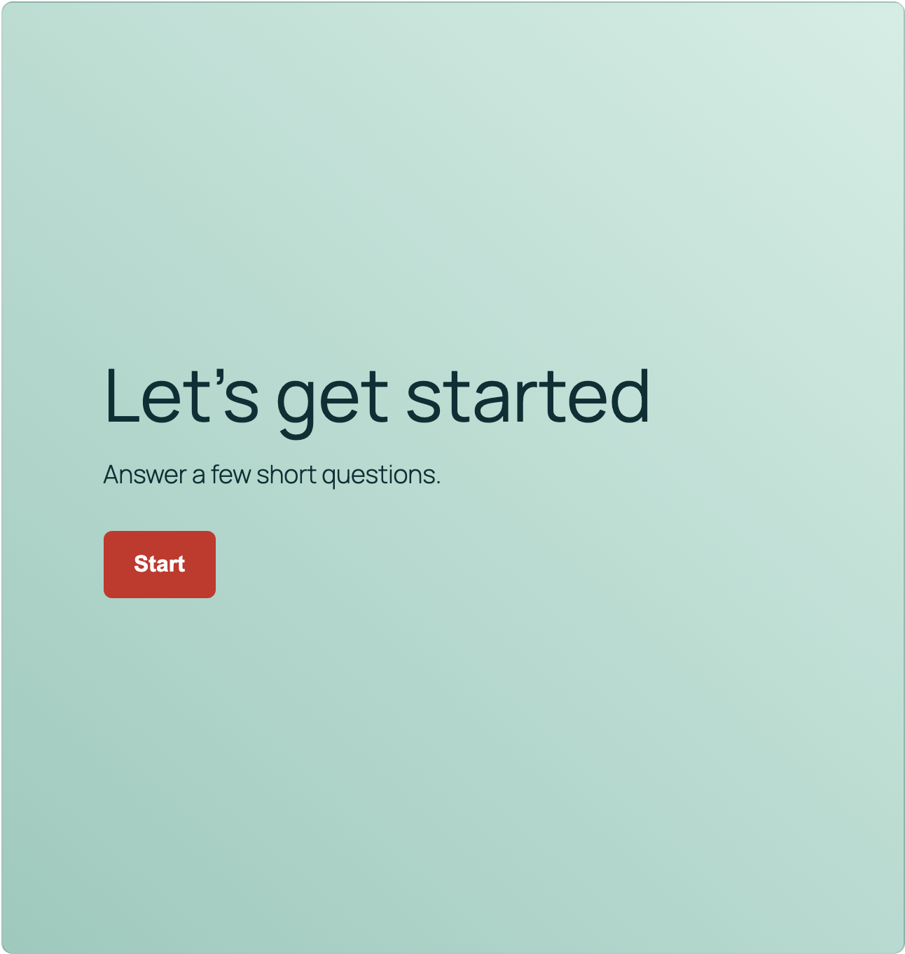 Conversational Forms welcome screen with a heading, welcome text, and a Start button on a Ninja Forms form