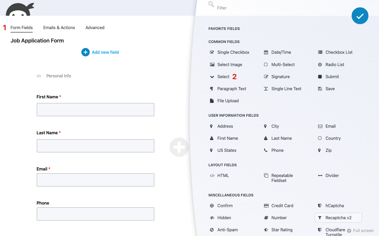 Ninja Forms builder on the Form Fields tab with the Fields window open, showing the Select and File Upload tiles in the Common Fields section.