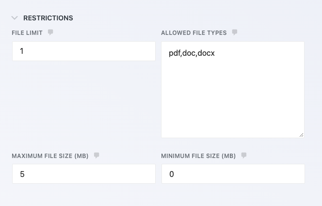 The Resume File Upload field's Restrictions settings in Ninja Forms, with File Limit set to 1, Allowed File Types set to pdf,doc,docx, and Maximum File Size set to 5 MB.