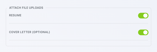 The Attach File Uploads section of a Ninja Forms Admin Email action, with toggles for the Resume and Cover Letter fields switched on.