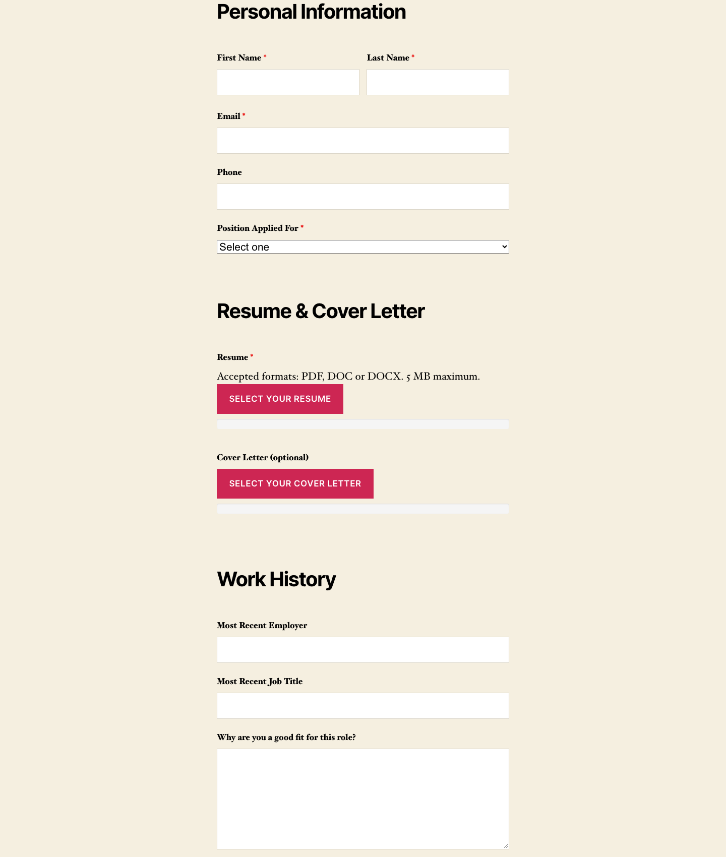 A finished job application form on a WordPress page, with personal info fields, a Position Applied For dropdown, a required Resume upload, an optional Cover Letter upload, and work history questions.