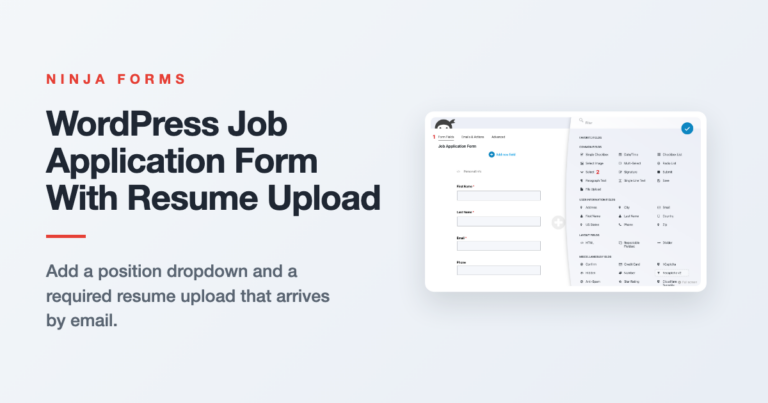 WordPress job application form in the Ninja Forms builder, with a position dropdown and a required resume upload field