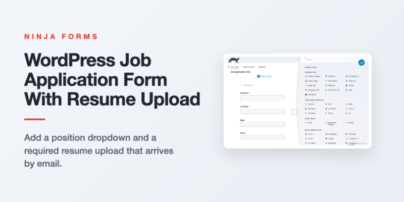 WordPress job application form in the Ninja Forms builder, with a position dropdown and a required resume upload field