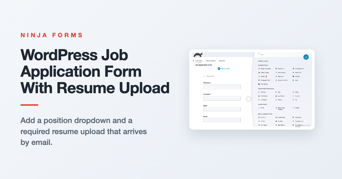 WordPress job application form in the Ninja Forms builder, with a position dropdown and a required resume upload field