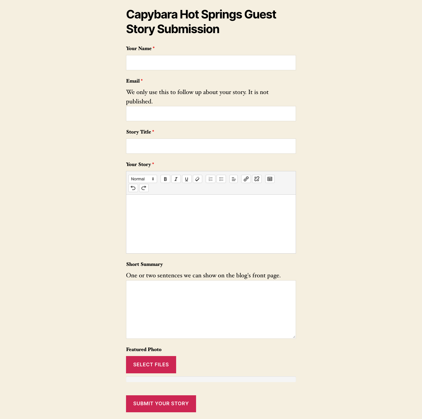 A guest story submission form on a WordPress page, with Your Name, Email, Story Title, a Your Story field with a rich text toolbar, Short Summary, a Featured Photo upload, and a Submit Your Story button.