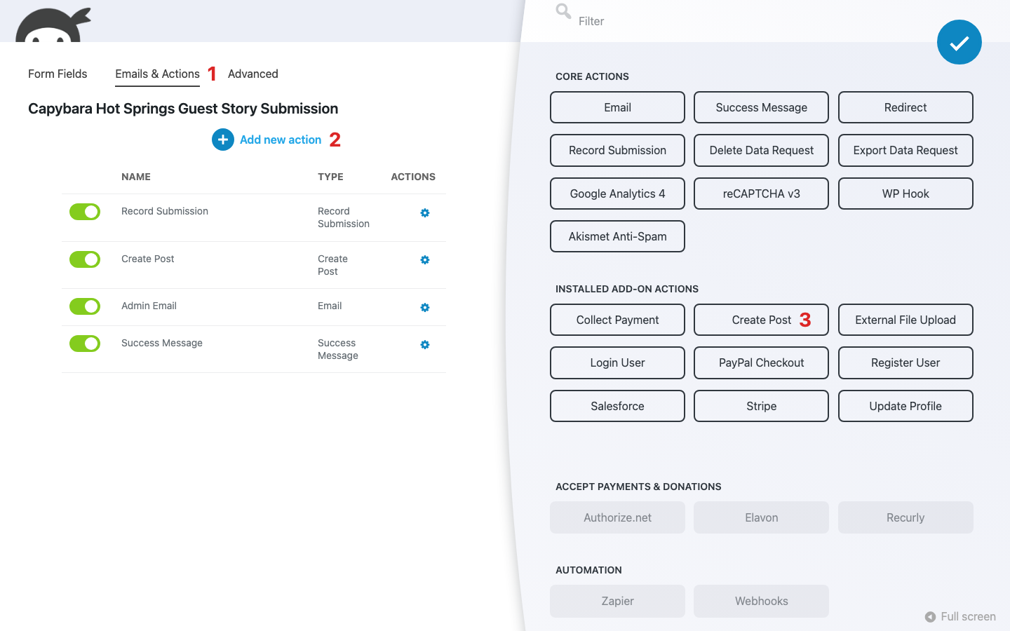 Ninja Forms builder on the Emails & Actions tab with the Actions window open, showing the Create Post tile among the installed add-on actions.