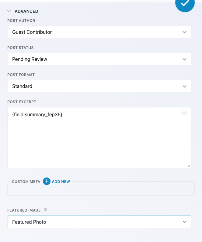 The Advanced settings of a Ninja Forms Create Post action, with Post Author set to Guest Contributor, Post Status set to Pending Review, a Short Summary merge tag in Post Excerpt, and Featured Photo chosen as the Featured Image.
