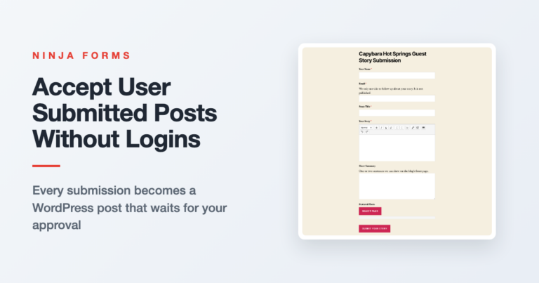 A WordPress form for user submitted posts in the Ninja Forms builder, with the Create Post action set to Pending Review
