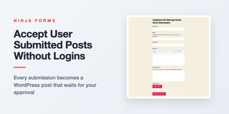 A WordPress form for user submitted posts in the Ninja Forms builder, with the Create Post action set to Pending Review