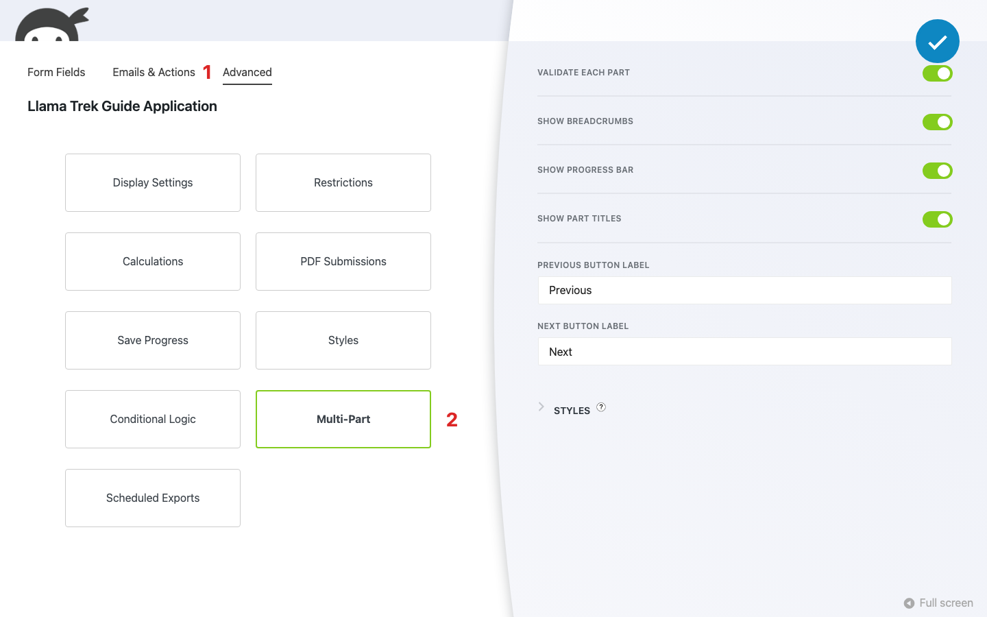 Ninja Forms builder with the Advanced tab active and the Multi-Part settings drawer open, showing the Validate Each Part, Show Breadcrumbs, Show Progress Bar, and Show Part Titles toggles and the Previous and Next button label fields.