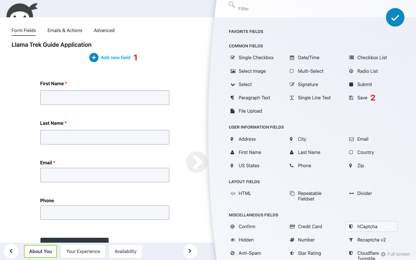 Ninja Forms builder on the Form Fields tab with the Fields window open and the Save tile visible under Common Fields.