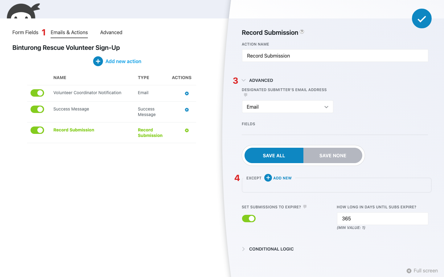 Ninja Forms builder with the Emails & Actions tab active and the Record Submission action open, its Advanced accordion expanded to show the Fields and Except settings.
