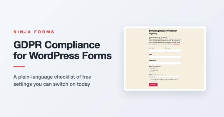 GDPR compliance WordPress checklist graphic showing a volunteer sign-up form with a privacy notice and consent checkbox