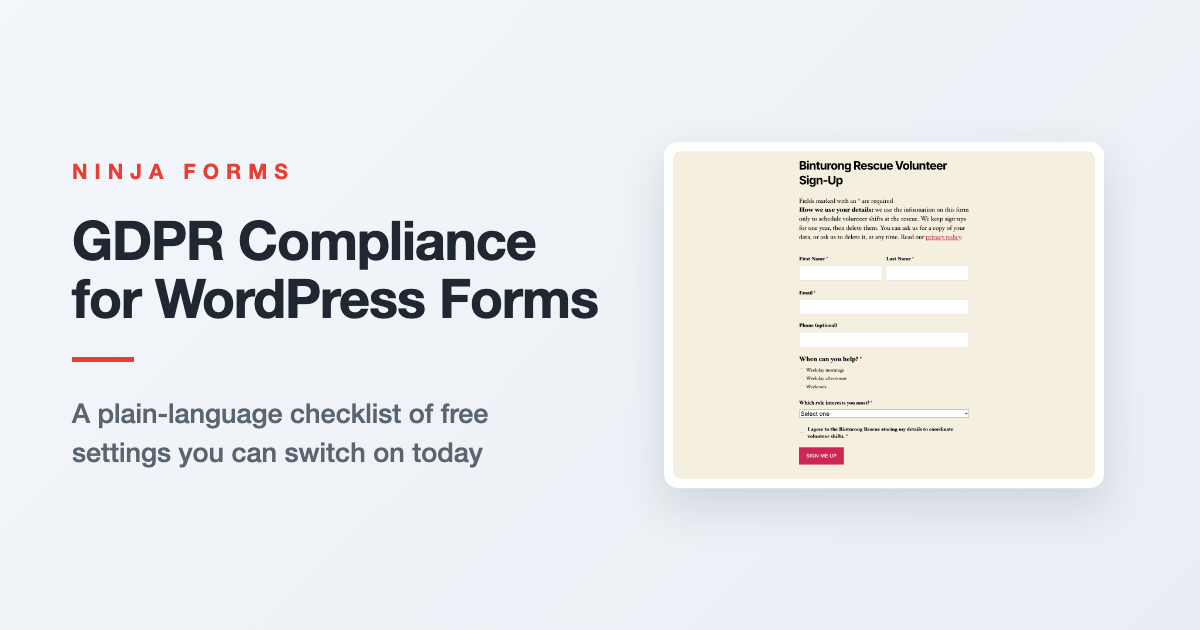 GDPR compliance WordPress checklist graphic showing a volunteer sign-up form with a privacy notice and consent checkbox