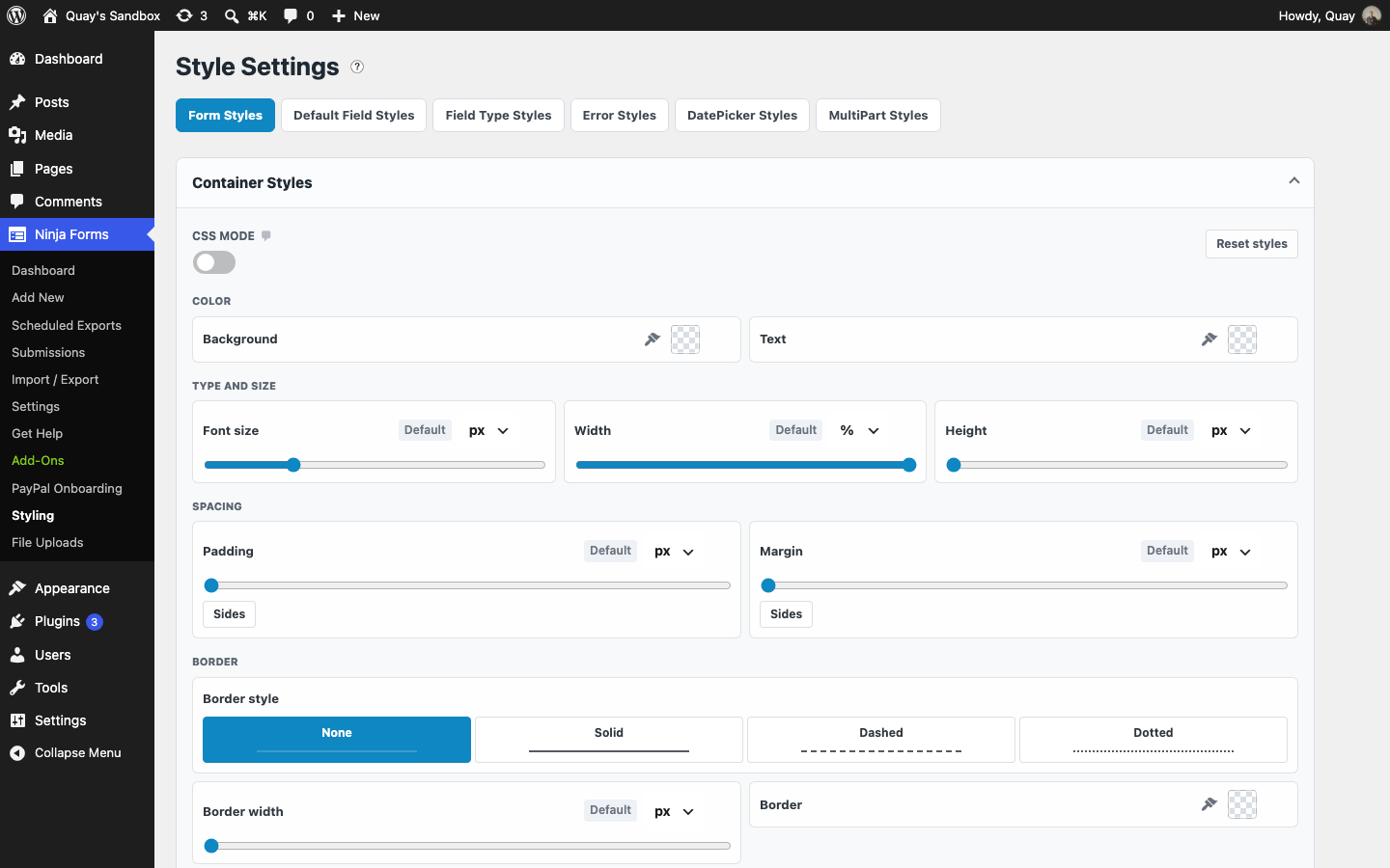 The Ninja Forms Styling page with Container Styles open: color pickers, size and spacing sliders, and border style buttons.