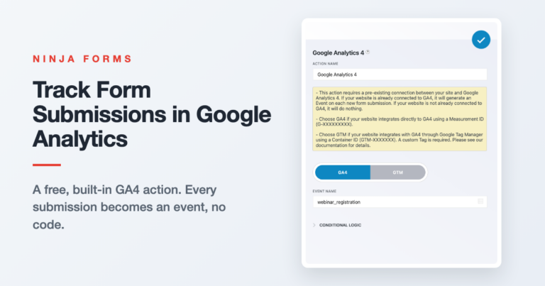 The Ninja Forms Google Analytics 4 action settings panel with an event name configured