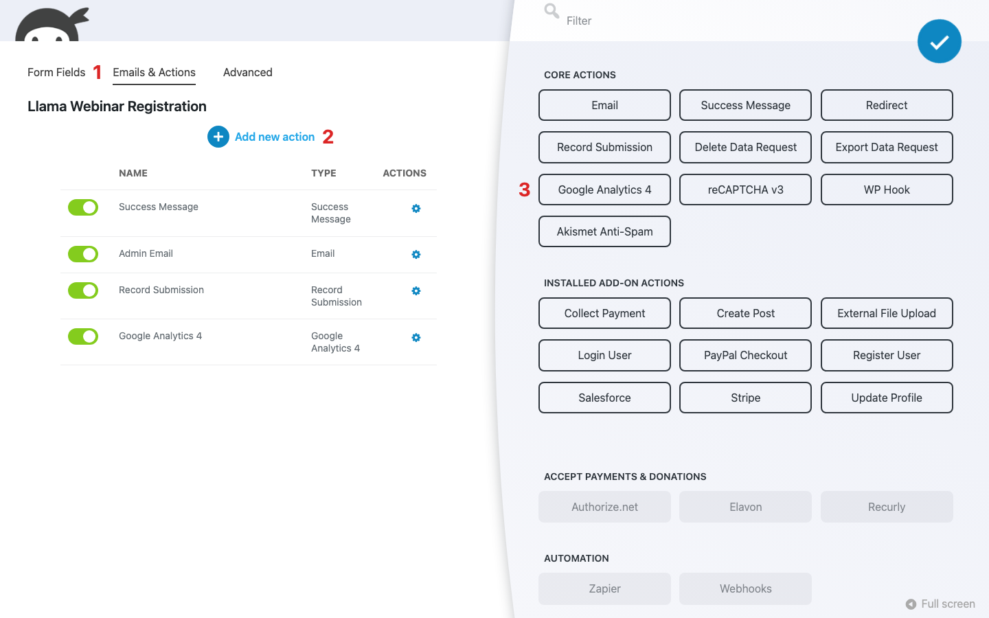 Ninja Forms builder with the Emails and Actions tab active and the Actions window open, showing the Google Analytics 4 tile under Core Actions.