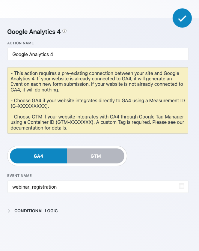 The Google Analytics 4 action's settings panel in the Ninja Forms builder, showing the GA4/GTM toggle and a populated Event Name field reading webinar_registration.