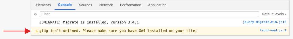 Browser developer console showing a warning message that gtag isn't defined after a Ninja Forms test submission.