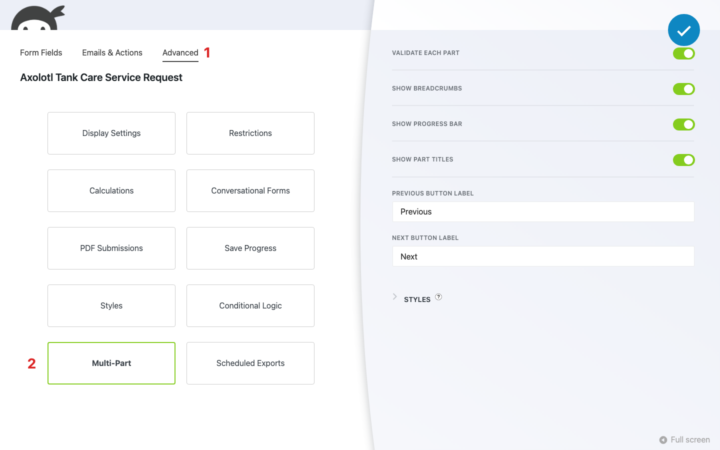 Ninja Forms builder with the Advanced tab active and the Multi-Part settings drawer open, showing the Validate Each Part, Show Breadcrumbs, Show Progress Bar, and Show Part Titles toggles.