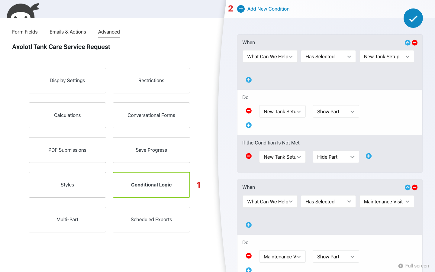 Ninja Forms builder with the Advanced tab active and the Conditional Logic drawer open, showing two rules and the Add New Condition link.