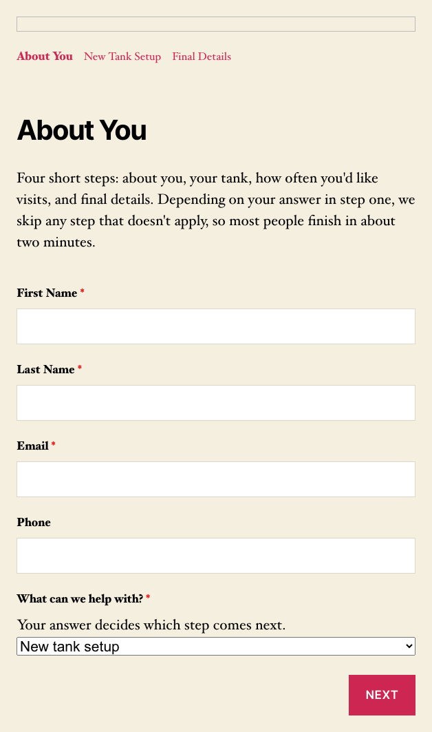 The first step of the Axolotl Tank Care Service Request form with New tank setup selected, the breadcrumbs showing About You, New Tank Setup, and Final Details, and a Next button below.