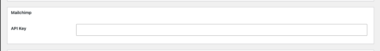 Ninja Forms Settings page showing the Mailchimp section with an empty API Key box.