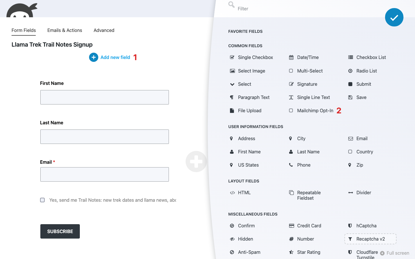 Ninja Forms builder Form Fields tab with the Fields window open and the Mailchimp Opt-In field in the Common Fields group.