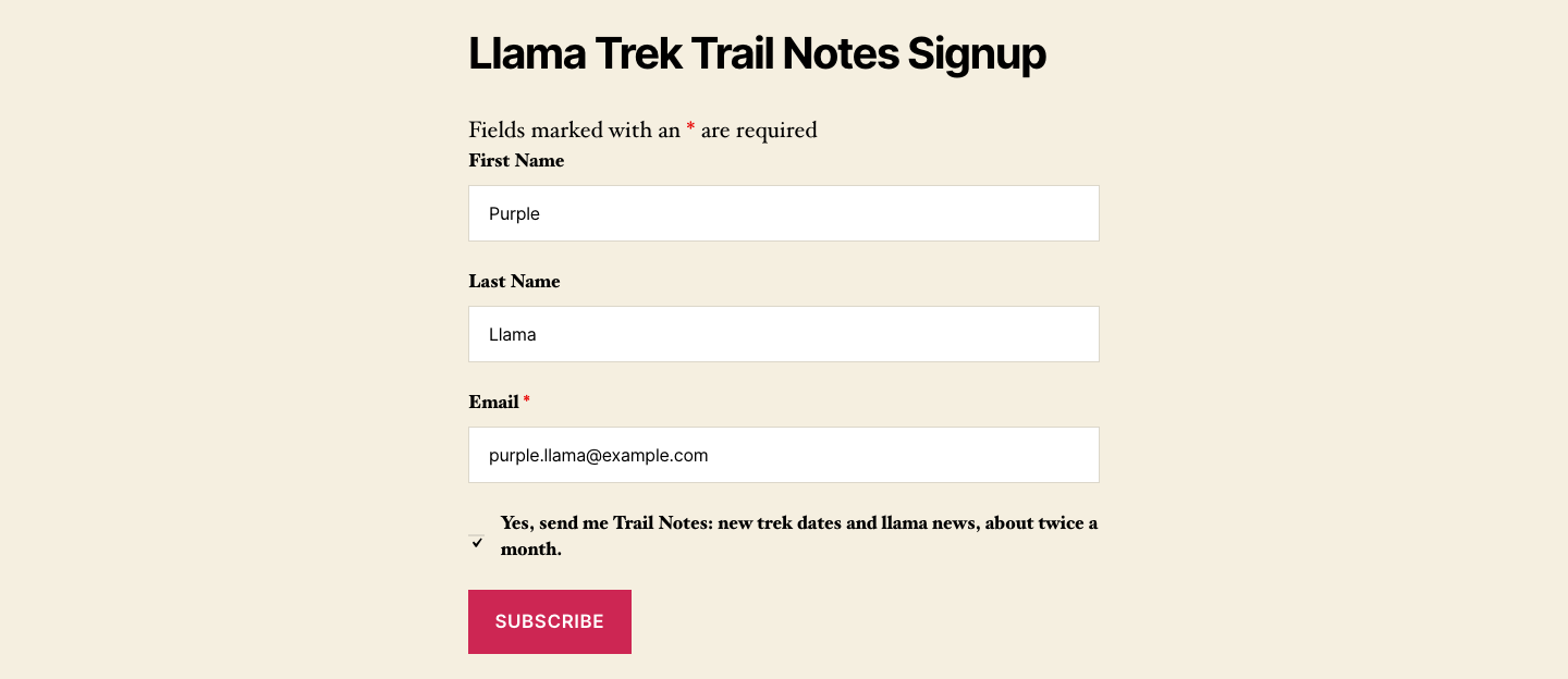 A Trail Notes newsletter signup form with First Name, Last Name, and Email filled in and the Mailchimp opt-in checkbox ticked above a Subscribe button.