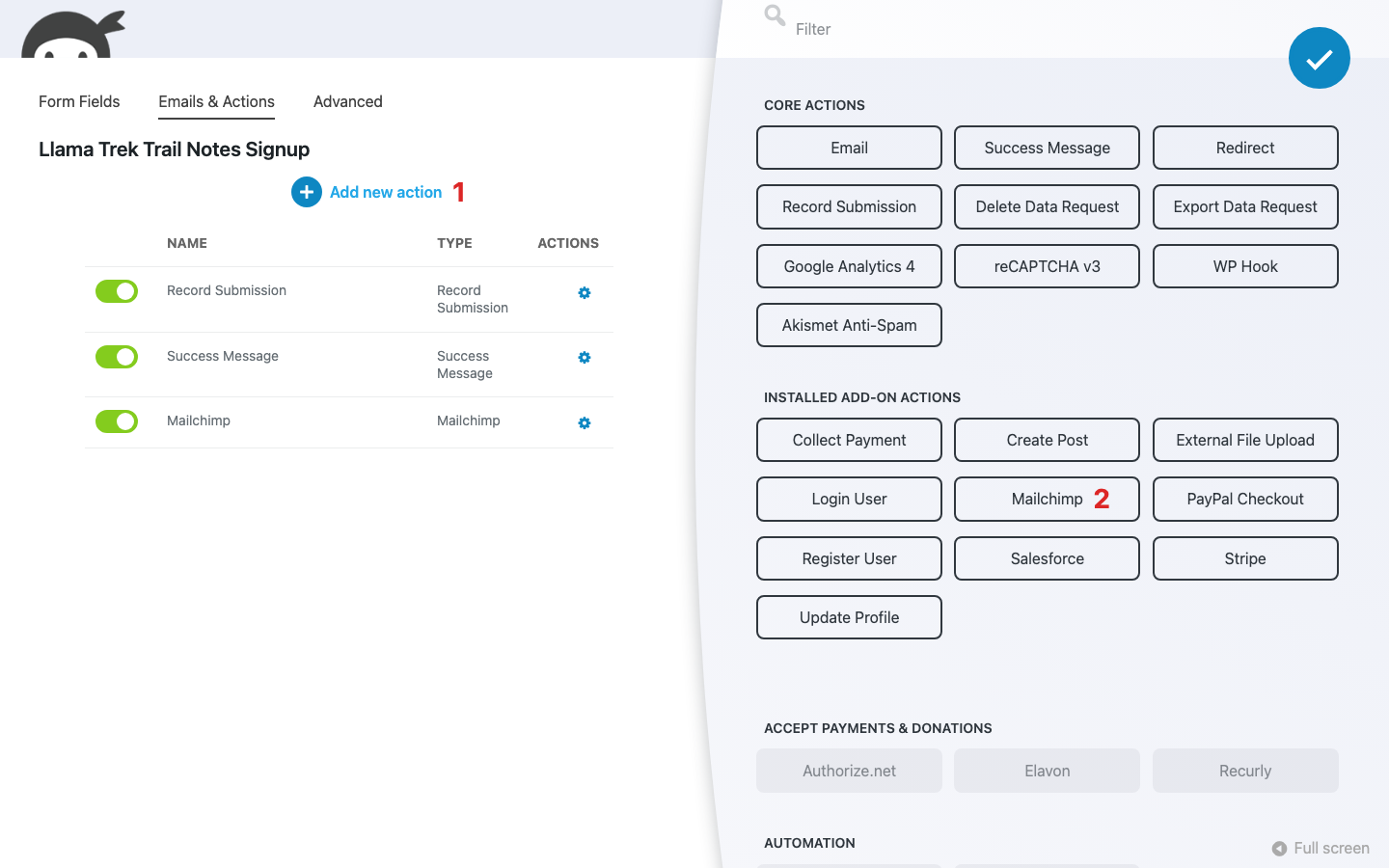 Ninja Forms builder Emails & Actions tab with the Actions window open and the Mailchimp action in the Installed Add-on Actions group.