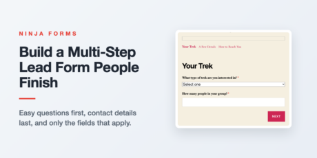 A multi-step lead form built with Ninja Forms, showing the first step with a progress bar