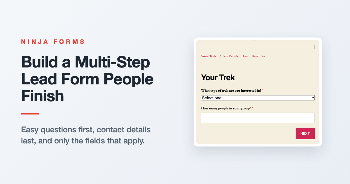 A multi-step lead form built with Ninja Forms, showing the first step with a progress bar