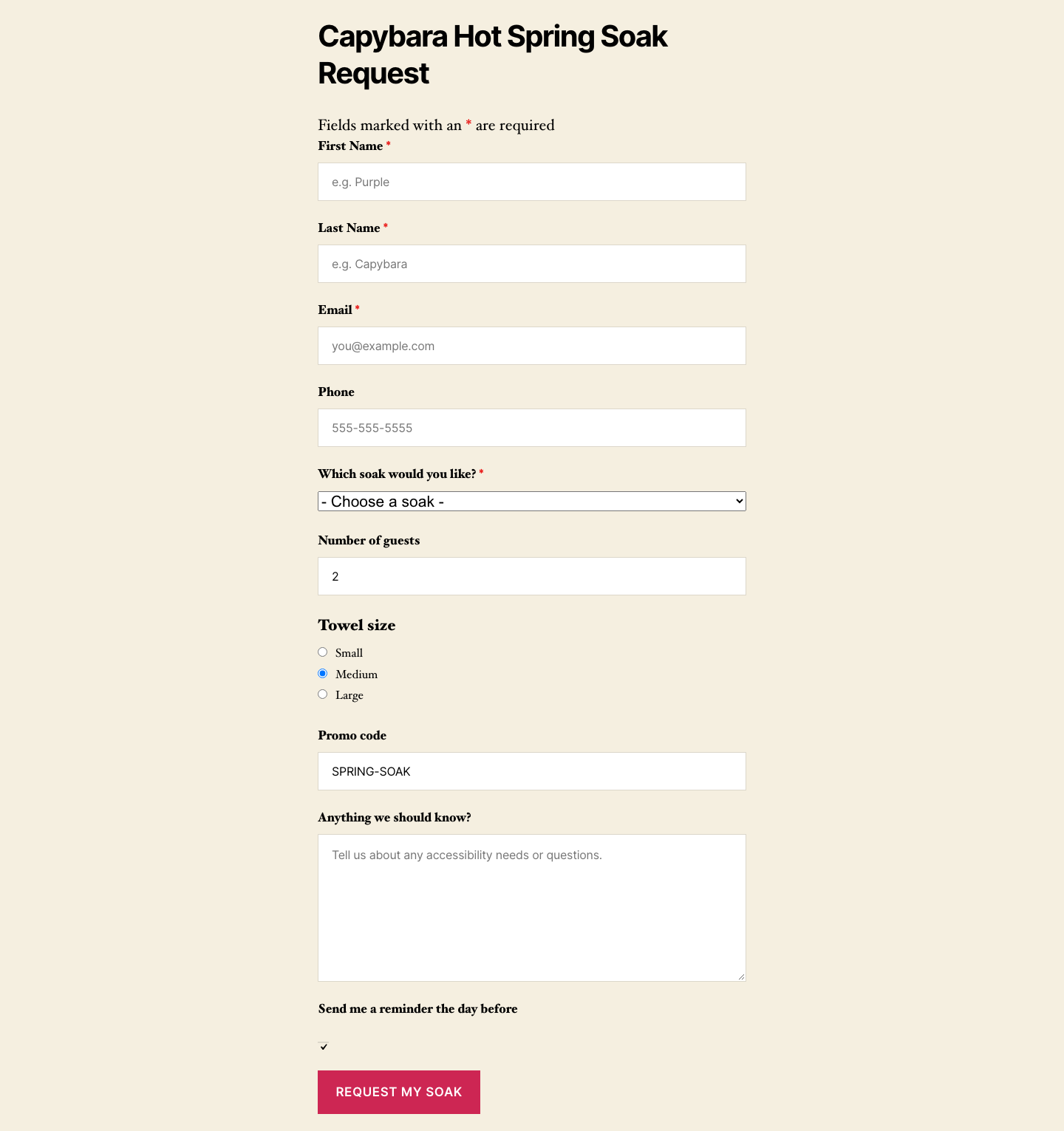 A Ninja Forms soak request form. First Name, Last Name, Email, and Phone show grey placeholder text, the dropdown reads Choose a soak, Number of guests is pre-filled with 2, Towel size has Medium selected, and Promo code is pre-filled with SPRING-SOAK.