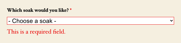 A Ninja Forms dropdown still showing Choose a soak, with the error message This is a required field below it.