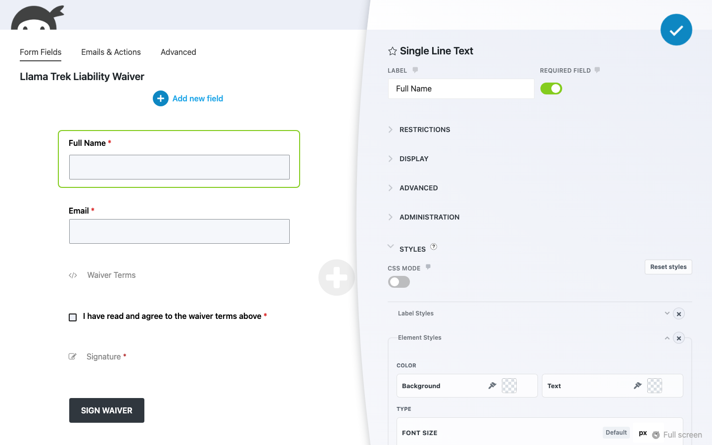 The Styles section of a field in the Ninja Forms builder, with Element Styles open: theme-palette color pickers, a font size slider, and spacing controls.