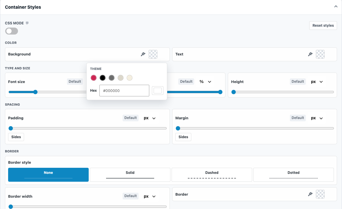 The color popover in the visual styles editor, showing the active theme's palette and a hex field.
