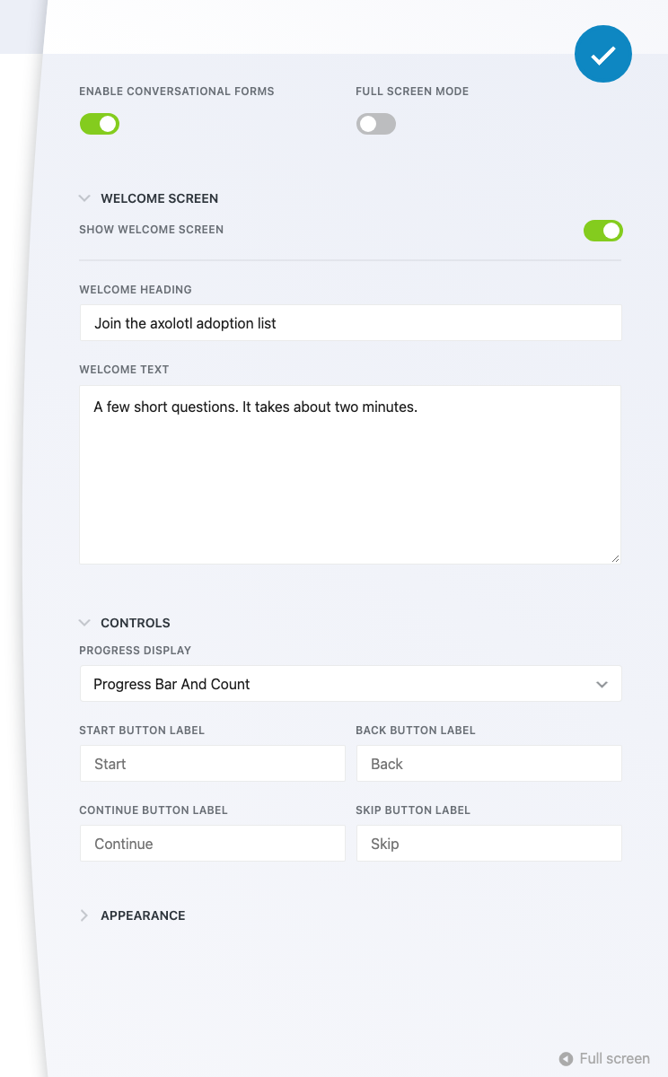 The Conversational Forms settings drawer in Ninja Forms with the Welcome Screen and Controls sections expanded, showing a custom welcome heading and text and Progress Display set to Progress Bar and Count.