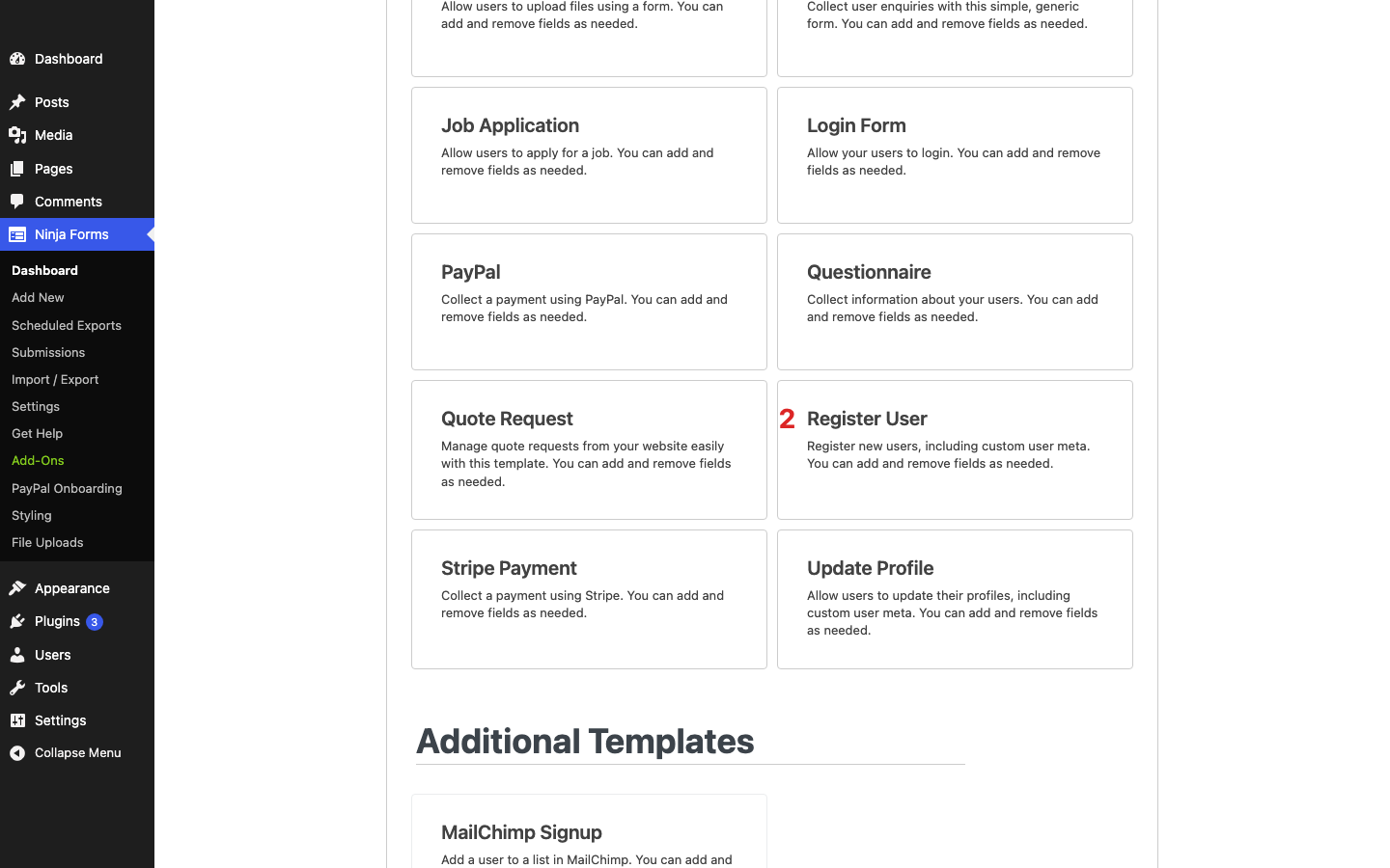 Ninja Forms Add New template gallery with the Register User template tile marked among the other form templates.