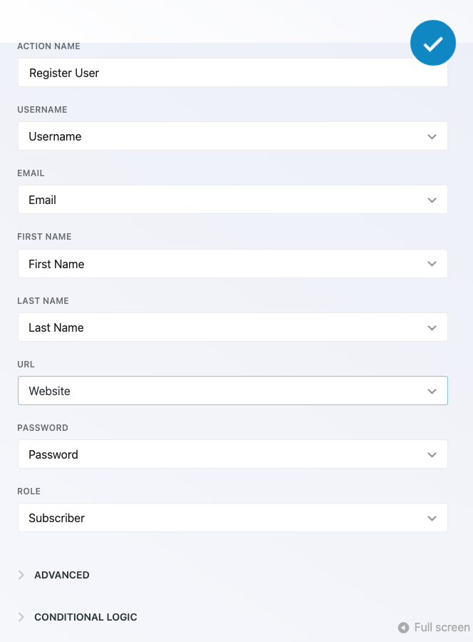 The Register User action settings in the Ninja Forms builder, with Username, Email, First Name, Last Name, URL, and Password each mapped to a form field and Role set to Subscriber.