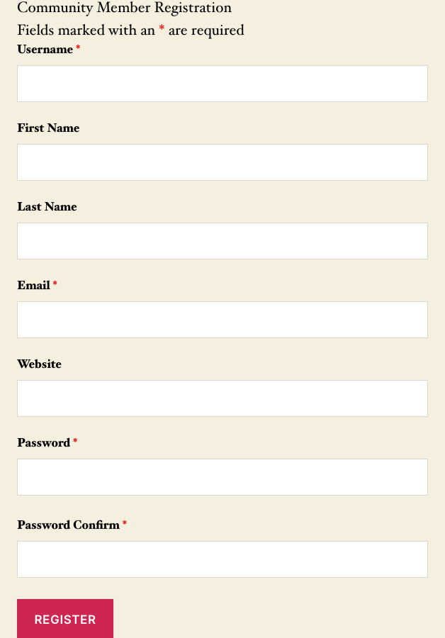 The Community Member Registration form as a logged-out visitor sees it, with Username, First Name, Last Name, Email, Website, Password, and Password Confirm fields above a Register button.
