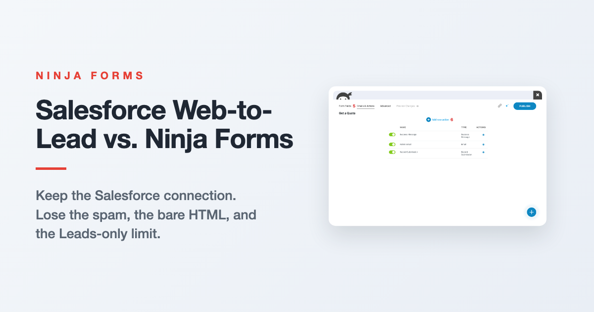 Salesforce Web-to-Lead form compared against a Ninja Forms form connected through the Salesforce CRM add-on