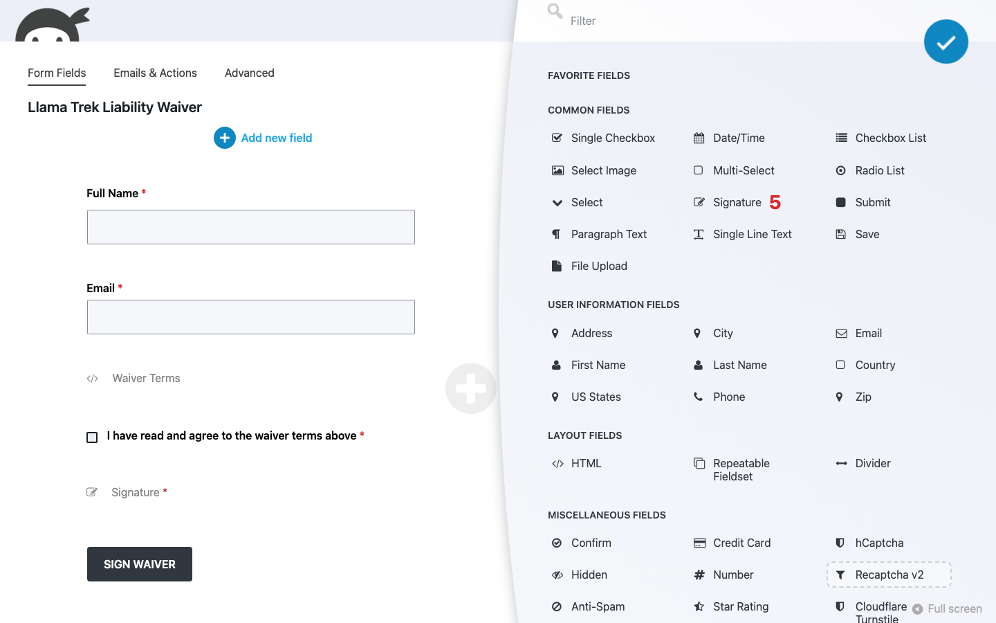 Ninja Forms builder on the Form Fields tab with the Fields window open. A red marker 5 indicates the Signature tile in the Common Fields section.